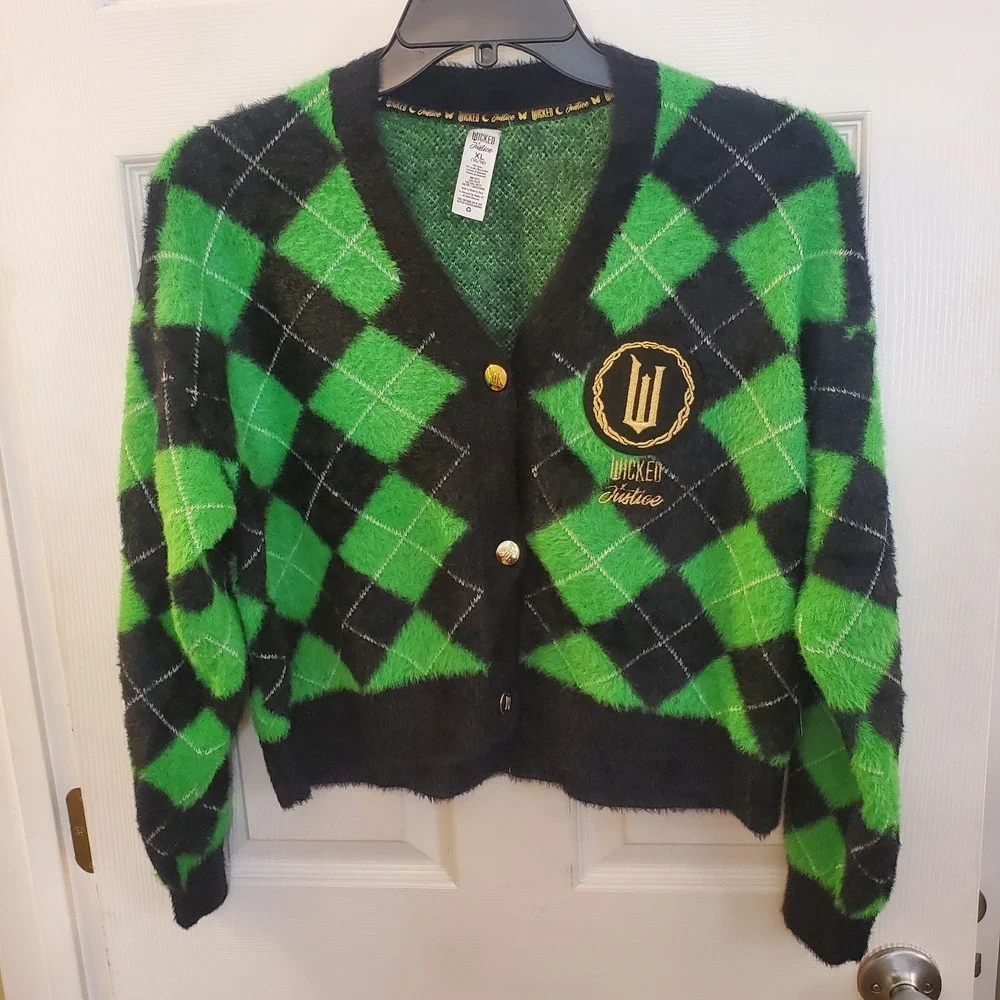 Wicked X Justice Cardigan Elphaba Green Fuzzy‎ girls XL (16/18) NWT preppy